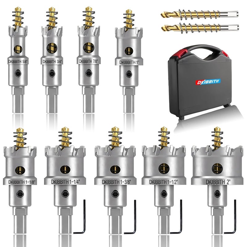 DKIBBITH 11 Pcs TCT Hole Saw Set,5/8” to 2” Heavy-Duty Tungsten Carbide Hole Saws Kit for Stainless Steel Hard Metal Plastic Wood, 1” Cut Depth, with Detachable Pilot Drill Bits, Allen Wrench - Image 1